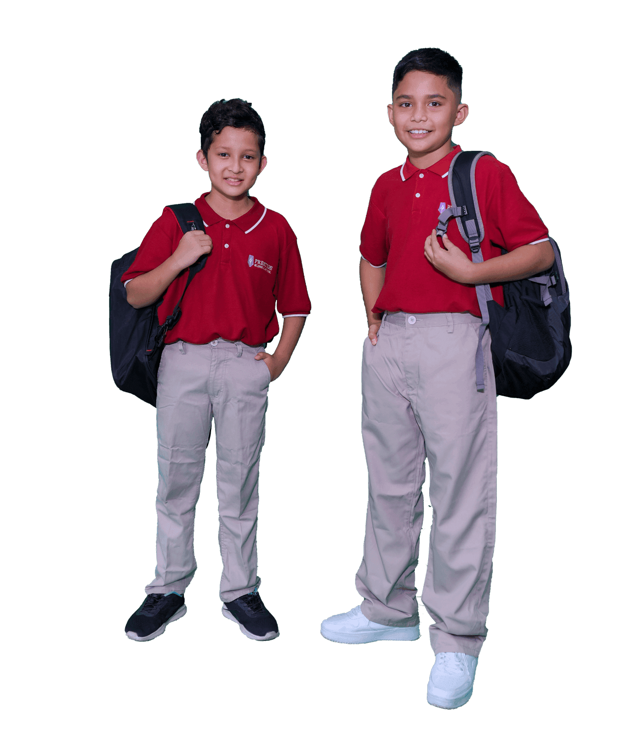 Dua siswa mengenakan seragam dan tas sekolah Prestige